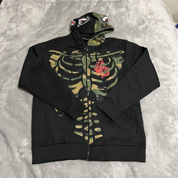 Rebel Vengeance Hoodie Mens Extra Large Black Camo Zip‎ Shark Skeleton Graphic